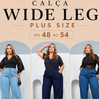 Calça Jeans Média Wide Leg Plus Size Feminina Cintura Alta Pantalona Tecido Leve Fashion Premium Modelagem Solta