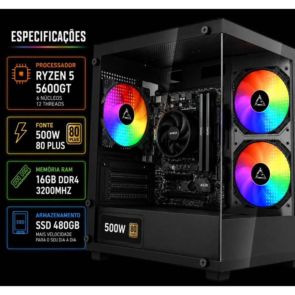 PC Gamer Ryzen 5 5600GT, 16GB RGB DDR4, SSD 480GB, 500w 80 Plus, Gabinete G-Stor