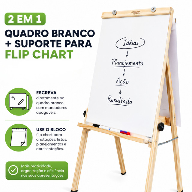 Cavalete Porta Bloco Compacto Flip Chart Quadro Branco 90x60 Premium Madeira