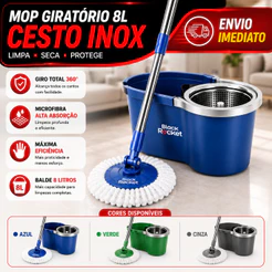 Mop Giratório 360° Desaguador Automático Cabo aço Inox Cesto aço Inox com Balde 8 Litros