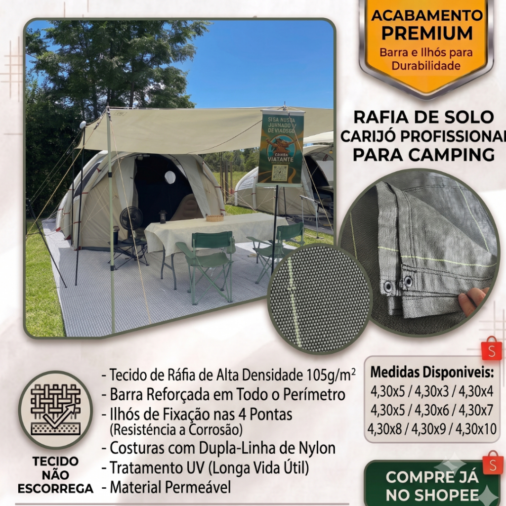 Rafia de solo carijó para camping com ilhós nas 4 pontas na medida de 4,00 de largura