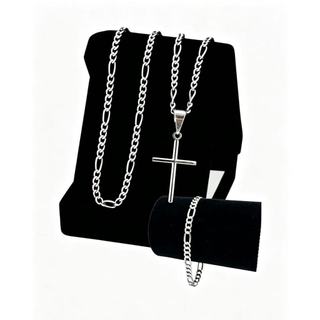 Kit Corrente 3x1 60cm/70cm Pingente Cruz Palito Pulseira Banho Prata  925 Masculina Joias Masculinas