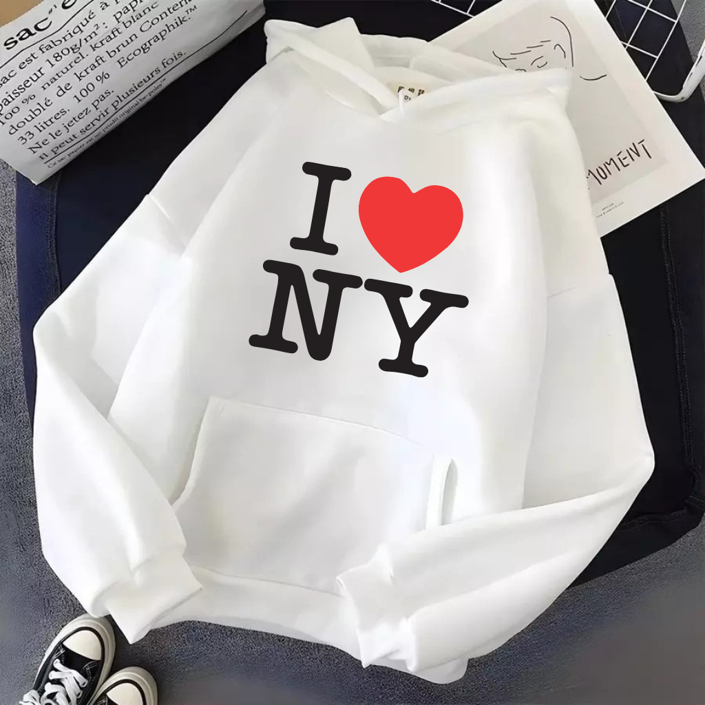 Blusa de Moletom Canguru NY com Capuz e Bolso Flanelado Estampado I love New York Casual Confortável Gringo Unissex