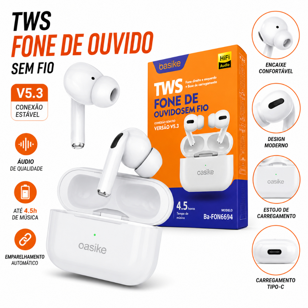 Fone de Ouvido Bluetooth TWS com ANC Áudio Hi-Fi Original Basike