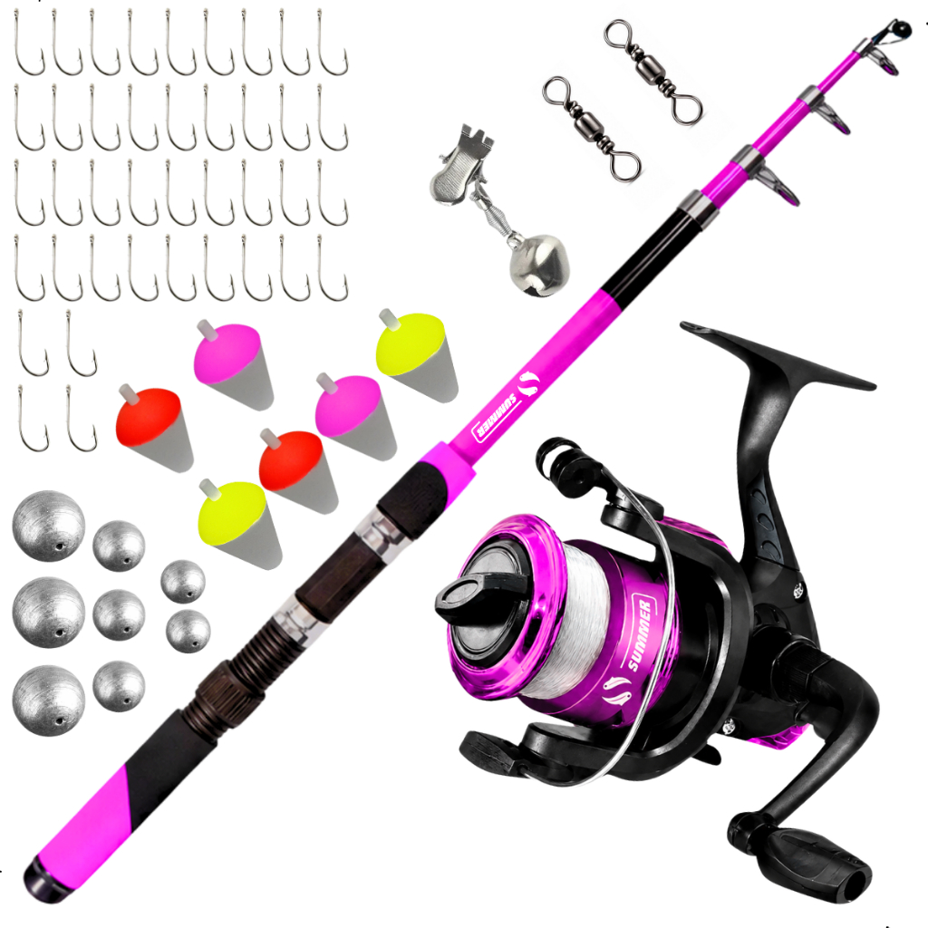 Kit Pesca Mulher Vara Rosa + Molinete Com Linha + Acessórios