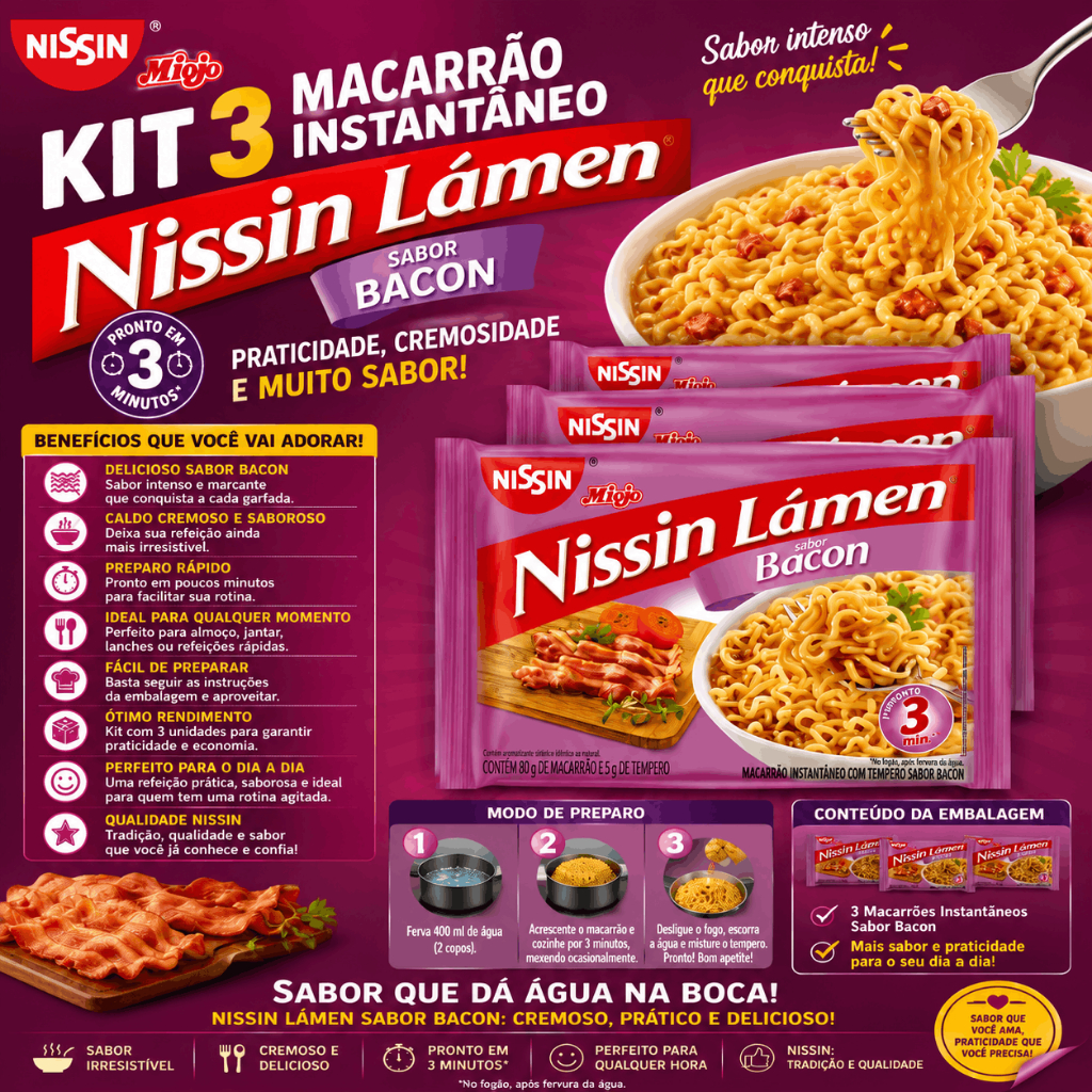 Kit 3 Macarrão Instantâneo Sabor Bacon Massa Instantânea 85g Preparo Prático Refeição Rápida
