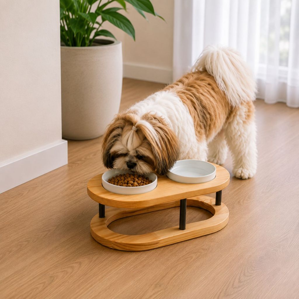 Comedouro elevado Mádela duplo P alto em madeira e porcelana para cachorro e gato