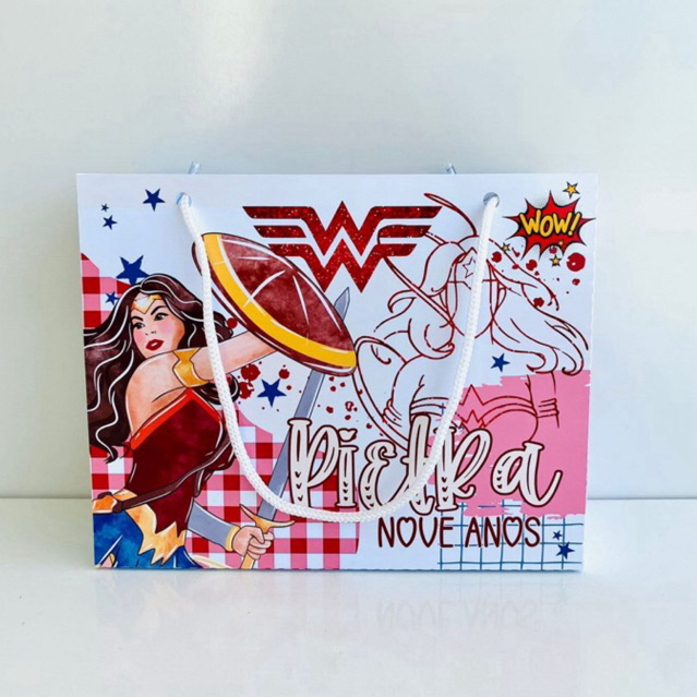 Sacola Personalizada Mulher-Maravilha | Lembrancinha Festa Infantil | Nome e Idade Personalizados | Sacolinha Surpresa