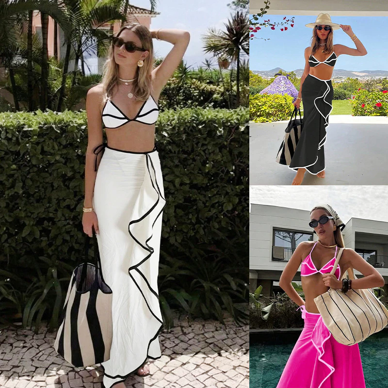 Biquíni Feminino 3 Peças com Saia Longa Assimétrica Estilo Verão Praia Design Moderno e Elegante para Mulheres — imagem 1