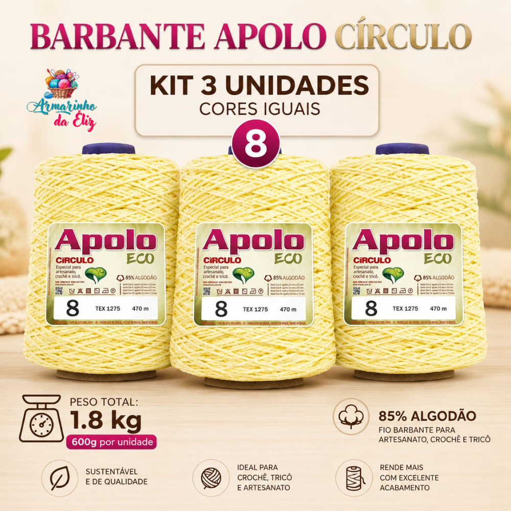 Kit de Barbante Apolo Circulo nº 8 - 600 g - 457m -  kit com 3 cores iguais