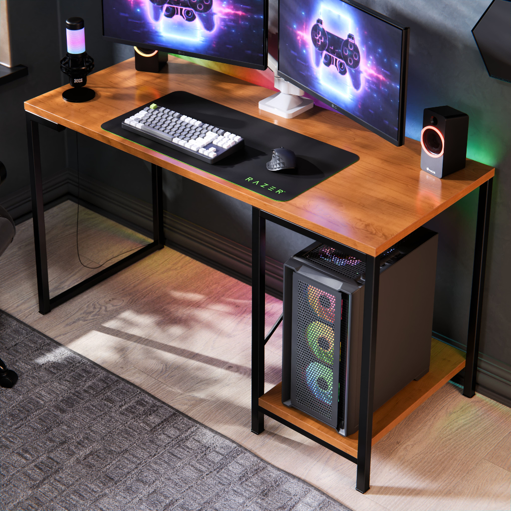 Mesa Escrivaninha Gamer e Home Office Barcelona Estilo Industrial com Prateleira em Aço Reforçado e MDF Resistente