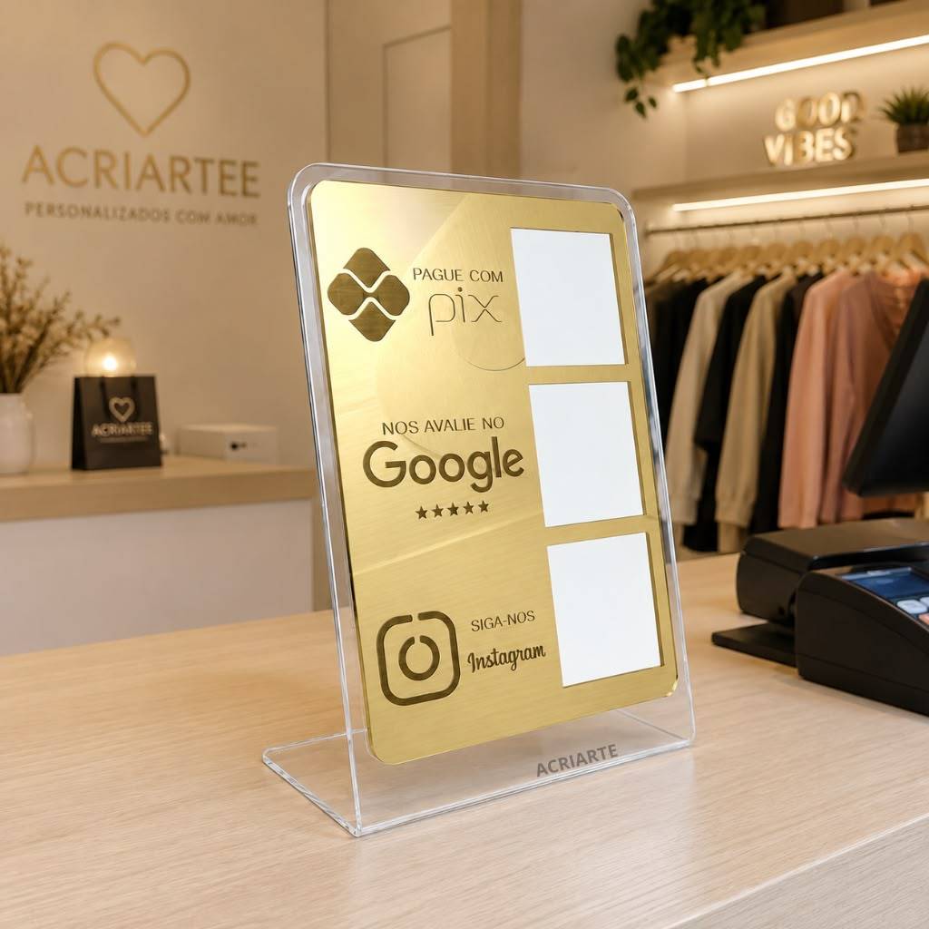 Plaquinha Insta, Google e Pix, Dourado e Transparente G, Display de Mesa para Comércios e Restaurantes — imagem 2 de 2