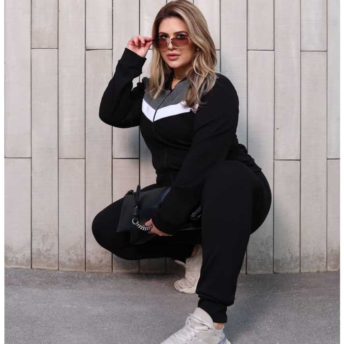 Conjunto Feminino Manga Longa Plus Inverno Casual Jaqueta com Zíper Frontal Calça com Elástico e Bolsos G1 G2 G3
