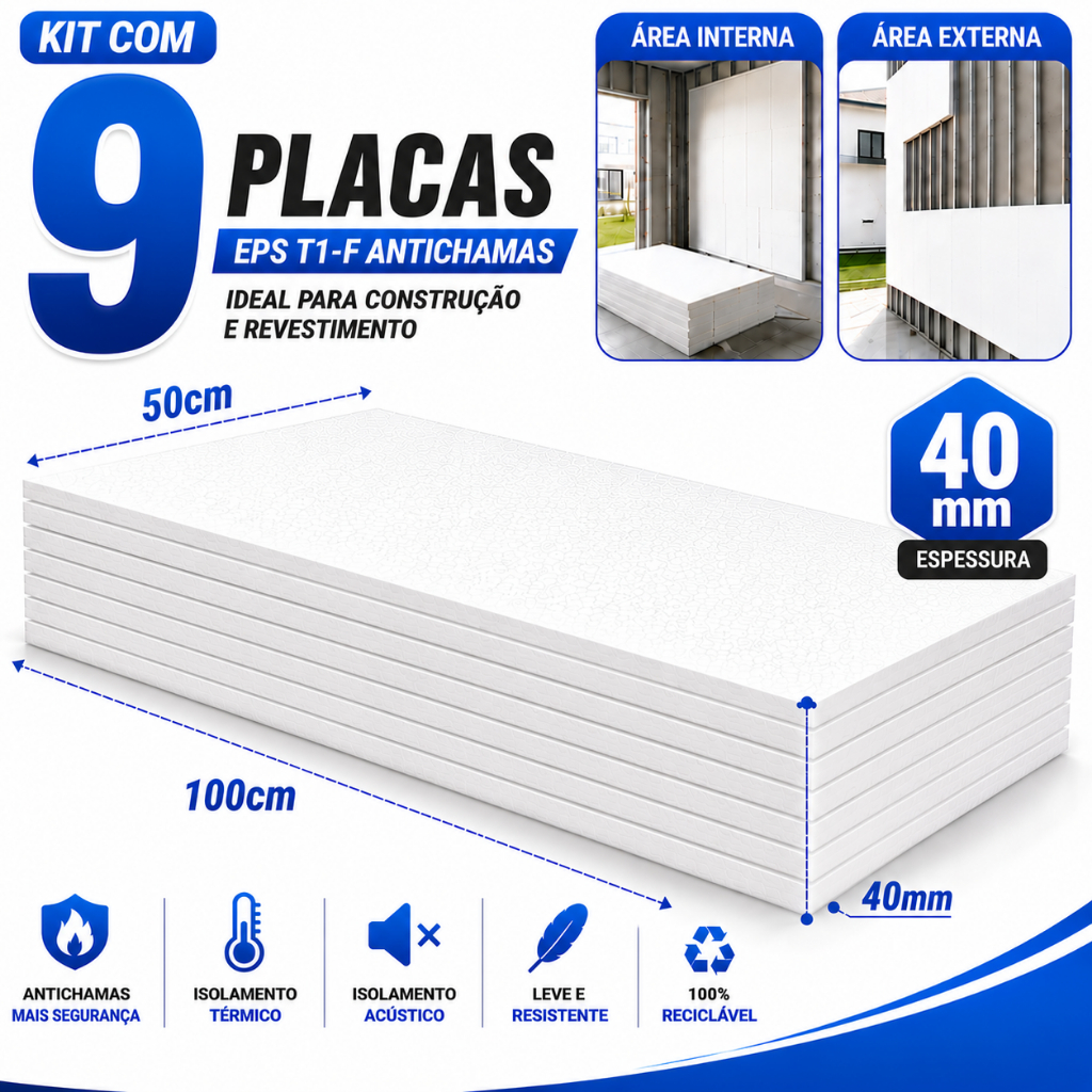Kit 9 Placas Isopor EPS Antichamas 40mm 100x50cm Revestimento Construção Decoração