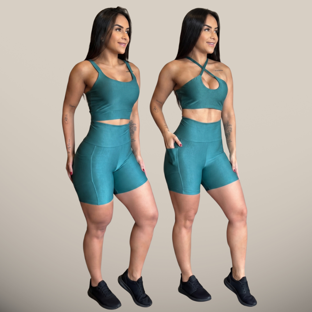 Conjunto Canelado de Academia Trio 1 Short +2 Tops Roupa Fitness Bermuda Alta com Bolso Corrida Ginástica Treino Legging