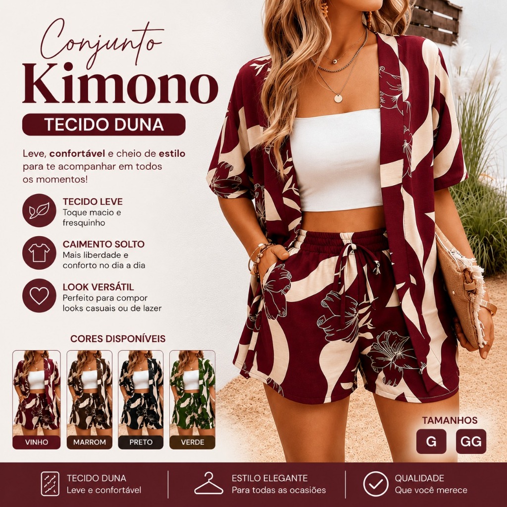 Conjunto Feminino Kimono com Short Estampado Tecido Duna Leve e Confortável
