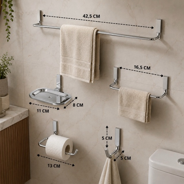 Kit Banheiro Polido 5 Peças Completo Porta Toalha Saboneteira Porta Papel Gancho