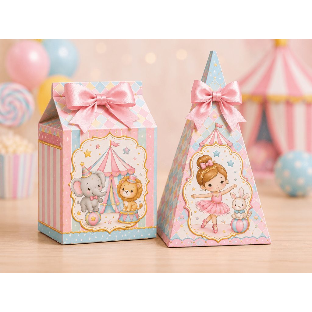Kit Pegue e monte Caixa Milk + Caixa Pirâmide Circo Candy Personalizada | Lembrancinha Festa Infantil Aniversário