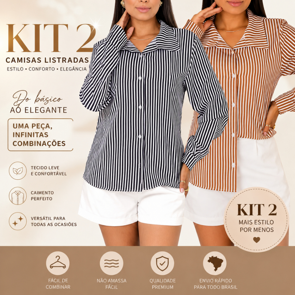 Kit 2 Camisa Feminina Listrada Social Manga Longa Elegante Crepinho Casual Escritório Premium