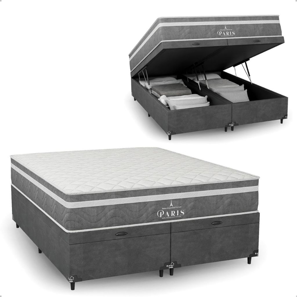 Cama Box Baú Queen + Colchão Paris Molas Ensacadas - Suede Cinza - e-Shop Casa