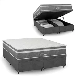 Cama Box Baú Queen + Colchão Paris Molas Ensacadas - Suede Cinza - e-Shop Casa