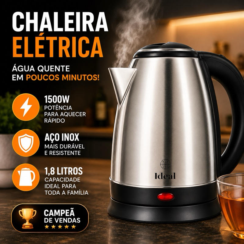 Chaleira Elétrica Inox 1,8L 1000W 127V Desligamento Automático Ferve Água Rápido