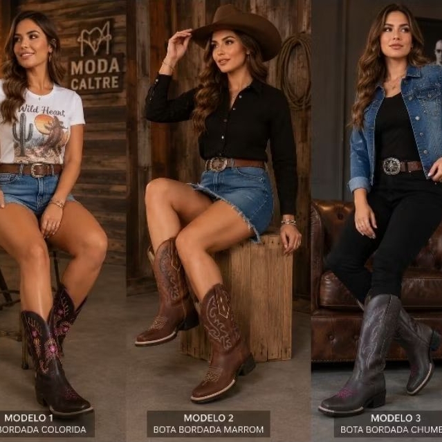 Bota Feminina Texana em couro Cano Médio – Casual e Rodeio#Bota Western Country Bordada