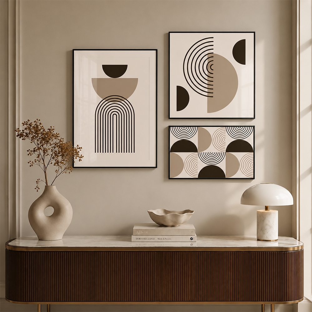 Quadro Decorativo Geométrico Abstrato Moderno Kit 3 Peças Com Moldura Sem Vidro