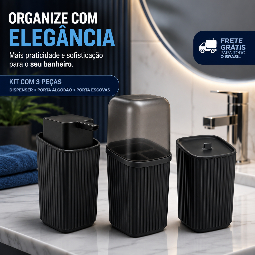 Kit 3 Acessórios Banheiro com Dispenser Sabonete Líquido, Porta Algodão e Porta Escovas Av - FULL