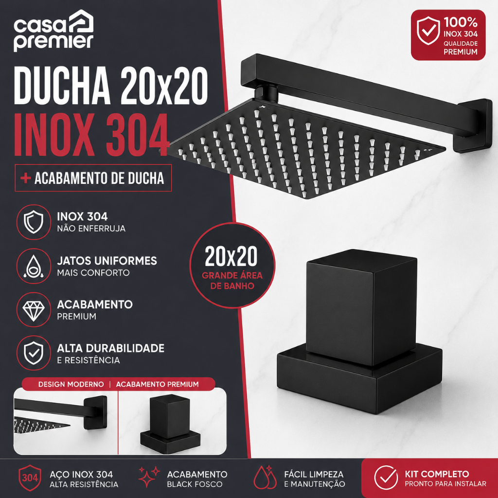 CHUVEIRO DUCHA 20x20 INOX 304 QUADRADO + ACABAMENTO DE DUCHA