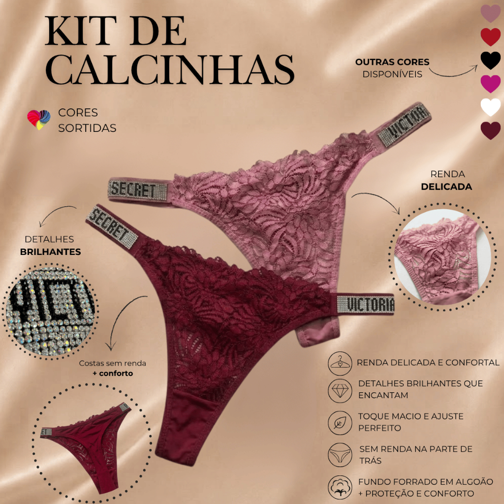 Kit Calcinha Feminina em Renda Fio Dental com Strass Costas Lisas Confortável Lingerie Sexy Acabamento Premium