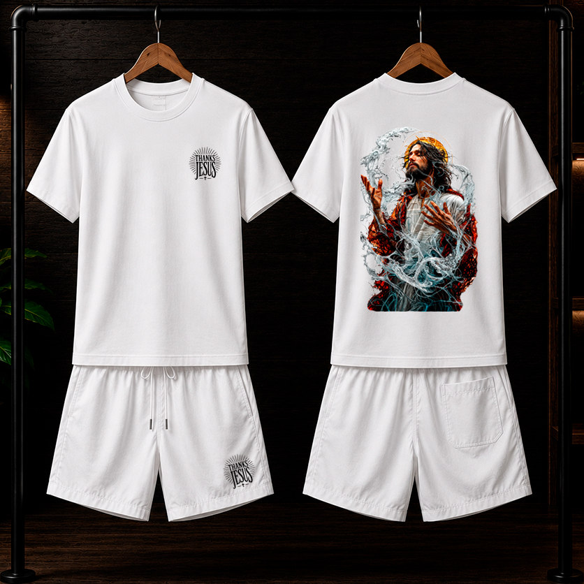 Conjunto Camiseta 100% algodão 30.1 + Bermuda Masculino Tactel Com elastano Estampado THANKS JESUS streetwear