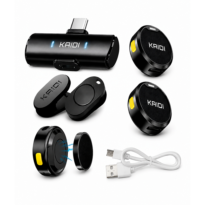 Microfone de Lapela Redondo Sem Fio Duplo  Kaidi Tipo-C e Lightning Redução de Ruído Plug & Play