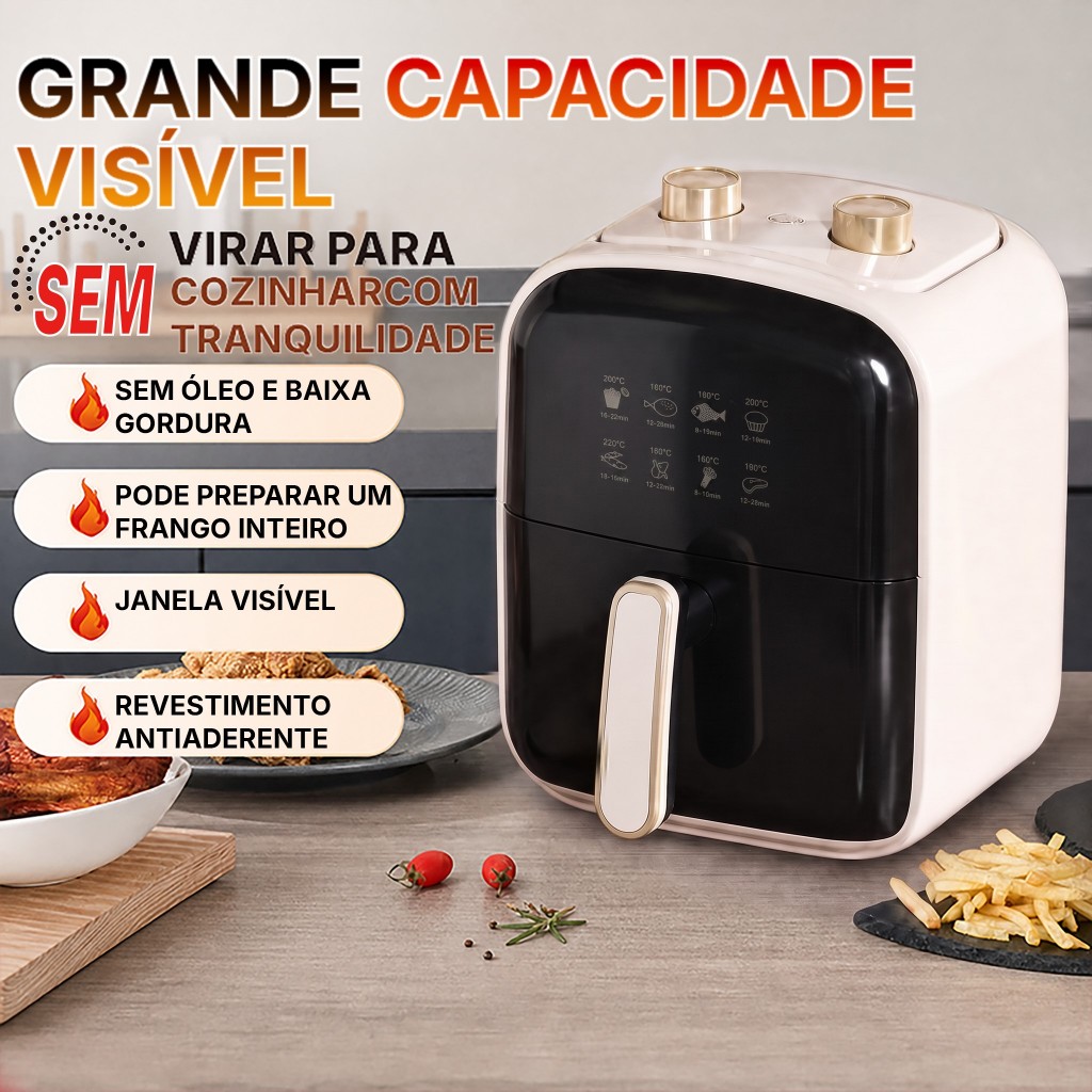 Fritadeira de Ar Visível 4L Mecânica 2 Botões, Sem Óleo, Sem Fumaça, Multifuncional para Cozinha Doméstica