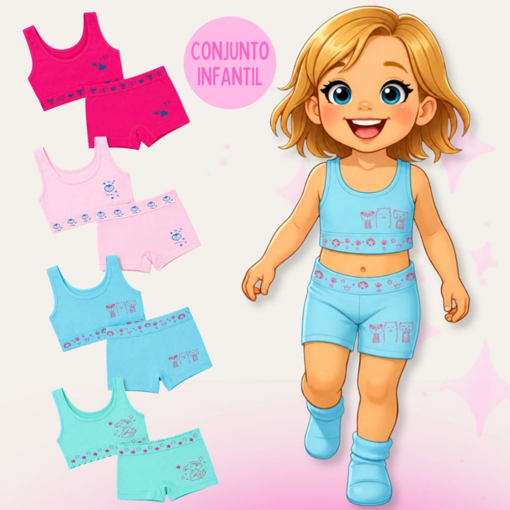 Kit 9,7 ou 5 Conjuntos Top + Calcinha Infantil Poliamida Premium Menina Confortável 4 a 10 Anos