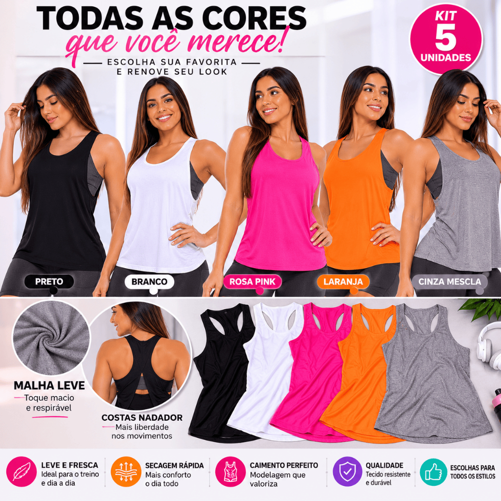 Kit Blusinha Feminina Camiseta Confortável Esportiva Regata Para Treino Caminhada Academia