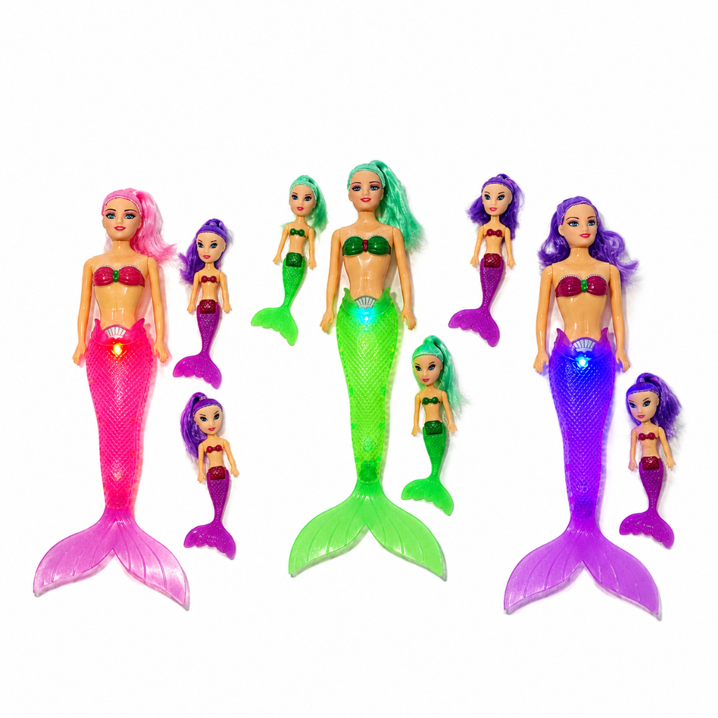 Boneca De Sereia + 2 Sereia Pequena Com Luz Brinquedo Infantil