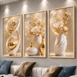 Kit 3 Quadros Decorativos Modernos com Vasos Brancos Flores Douradas e Escultura Abstrata para Sala Quarto Escritório Lu