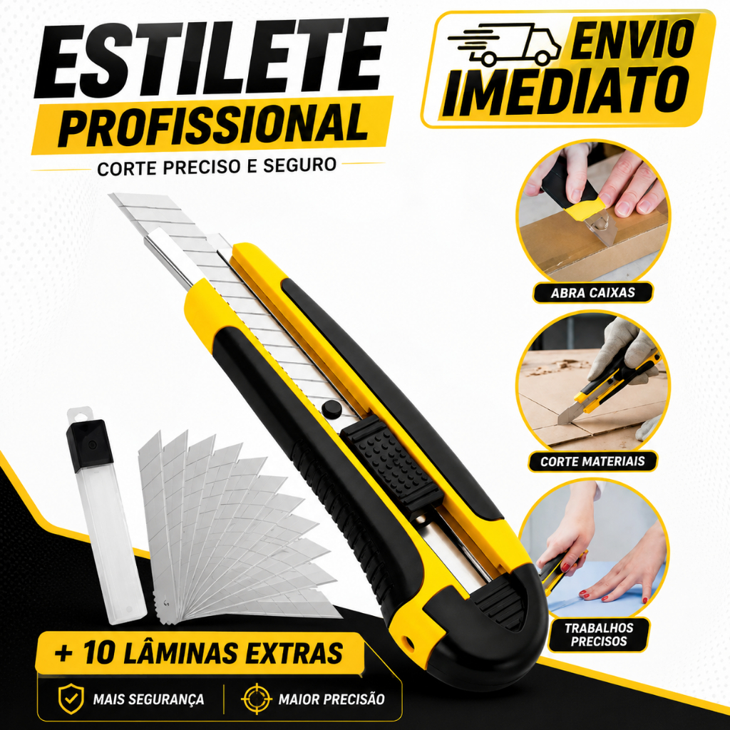 Estilete Profissional 18mm Emborrachado - Precisão, Conforto - 10 Lâminas extras