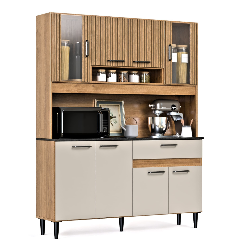 Armario de Cozinha Compacto 120cm Balcão e Aéreo Ripado 3D 8 Portas e Gaveta Grande Com Detalhe em Vidro Completo Coral