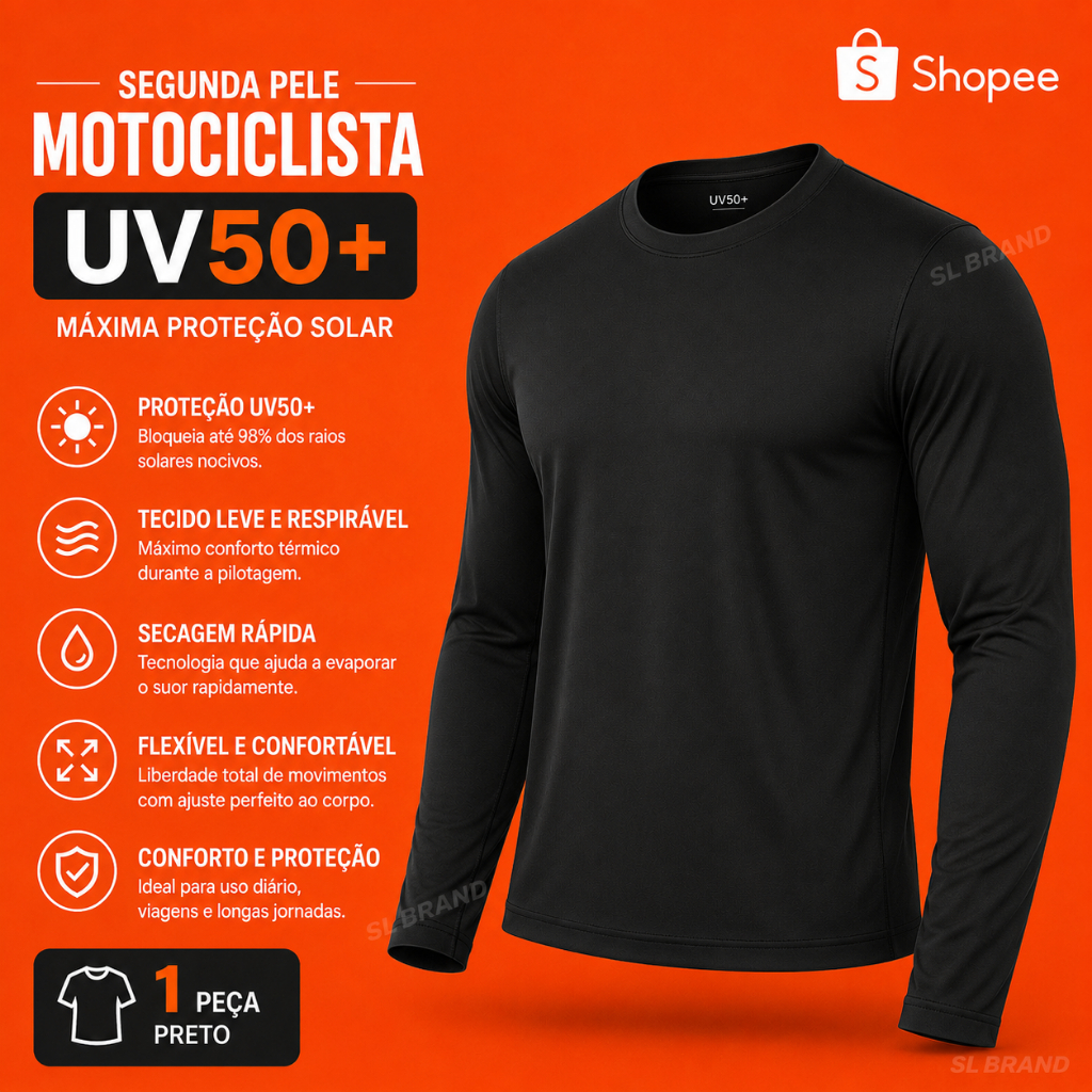 Camiseta Segunda Pele UV50+ Manga Longa Motociclista Dry Fit Elastano Treino Corrida Esportes Lazer Casual