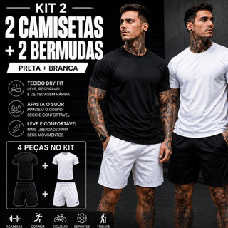 Kit 2 Camiseta + 2 Bermuda Masculina Dry Fit / Shorts Masculina Academia - Conjunto Lançamento 2024