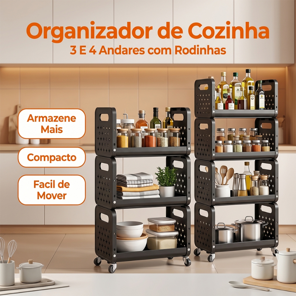 Carrinho Organizador Multiuso 3/4 Prateleiras Adequado para Prateleiras de Armazenamento de Cozinha e Banheiro
