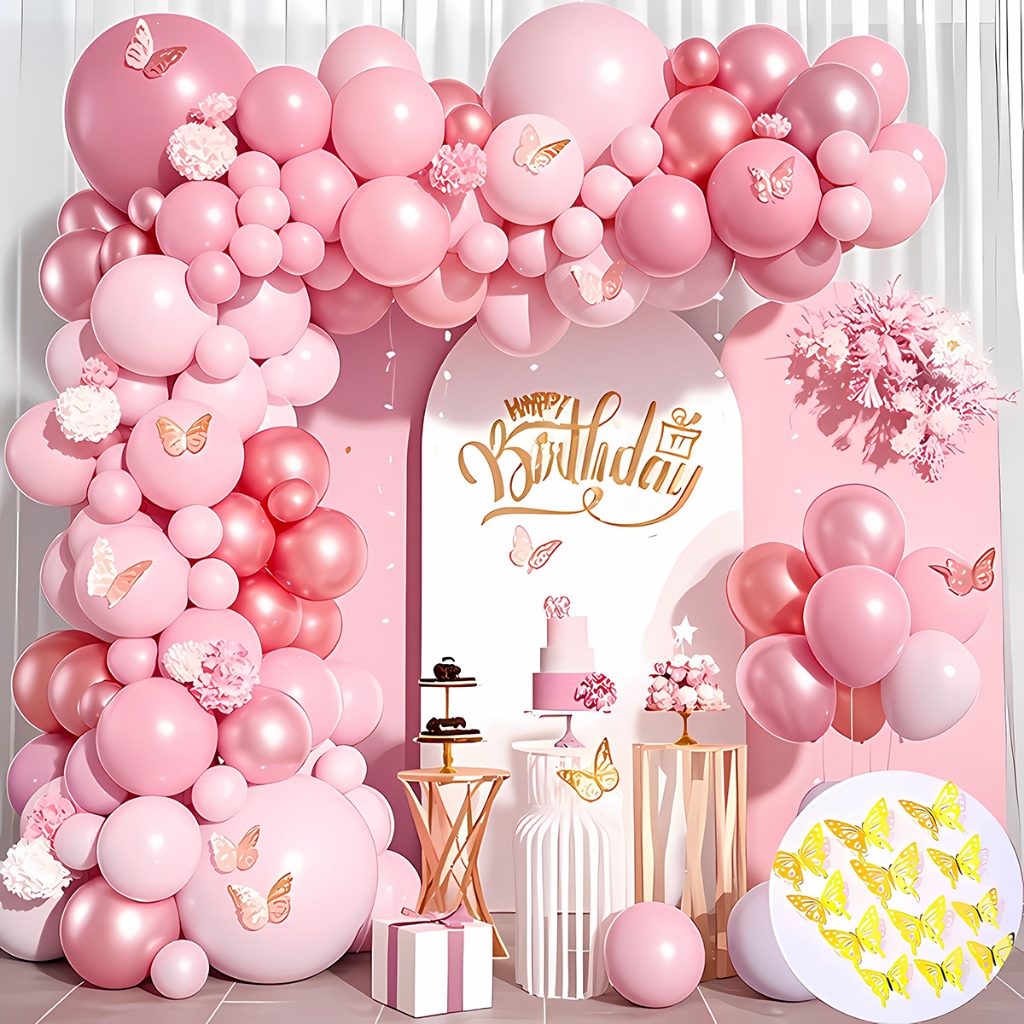 Kit 133 Balões Bexiga Arco Rosa Dourado 3D Borboletas Festa Aniversário Chá de Bebê