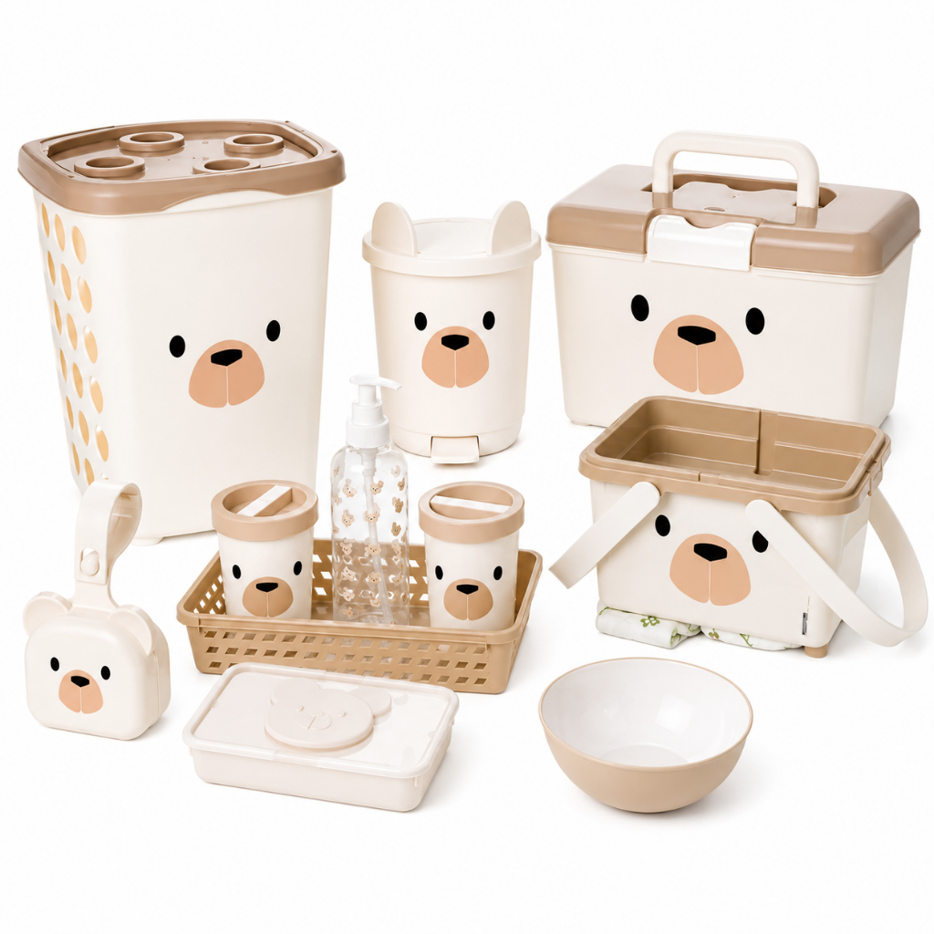 Kit Higiene Completo 11 Peças Organização Quarto Bebê Infantil Cesto Roupas Porta Fraldas Porta Lenços Chupeta Lixeira