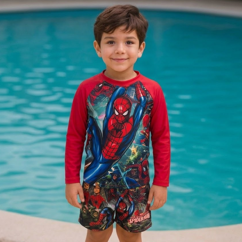 Conjunto Moda Praia Infantil Menino Homem Aranha Camiseta manga longa e Sunga Piscina Verão Natação Banho