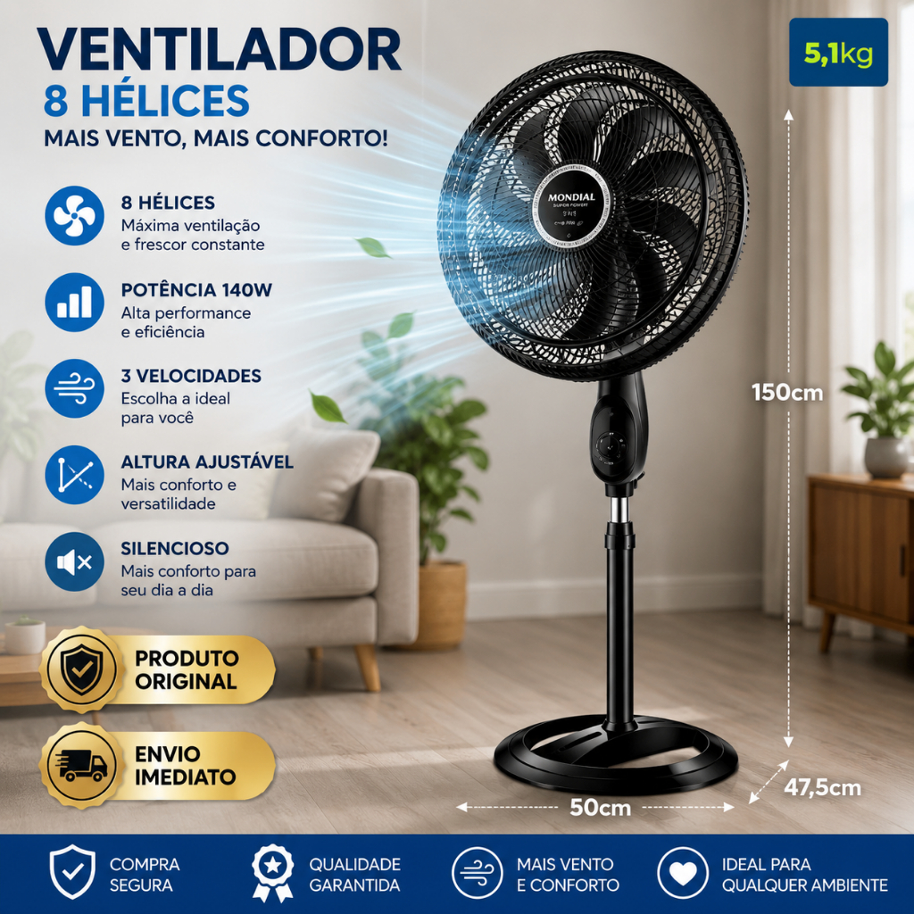 Ventilador de Coluna Mondial Super Turbo Tech 40cm 8 Pás 140W 220V Preto/Prata - VTX-40C-8P-CR