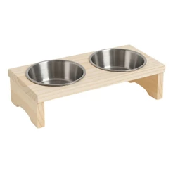 Comedouro Duplo Elevado Madeira Pinus para Cães e Gatos 200 ml
