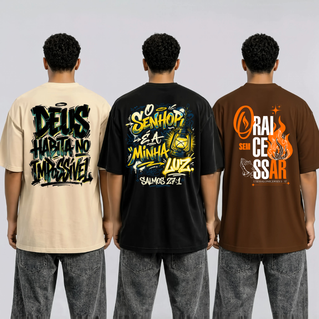 Kit 3 Camiseta Camisa Oversized Style Streetwear Blusa Estampada Religiosa Cristã 100% Algodão Masculina Feminina Gospel