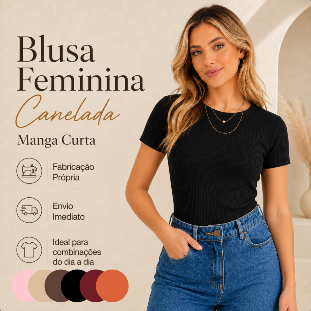 Blusa Feminina Canelada Manga Curta Tecido Premium Moda Gringa Basica Camiseta T-Shirt Estilosa Canelado Baby Tee Slim